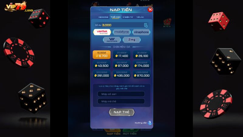 Nạp tiền Vip79 qua thẻ cào điện thoại
