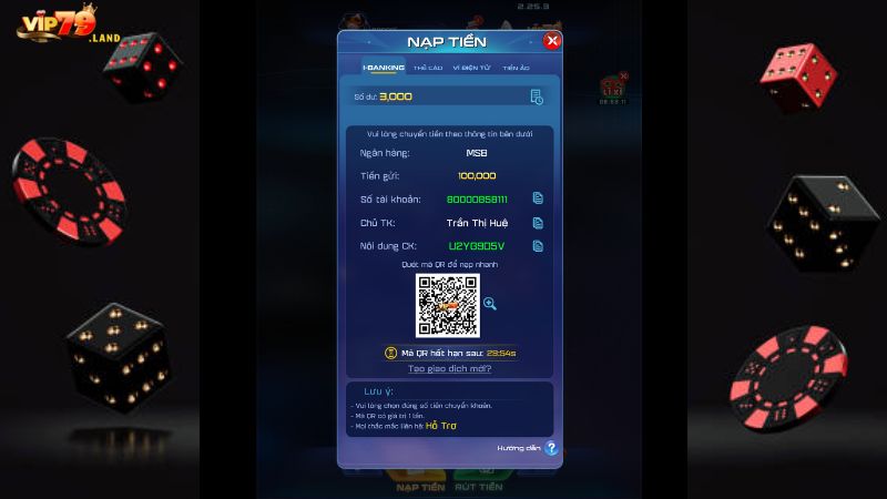 Chuyển tiền nhanh 24/7 qua ngân hàng tại Vip 79